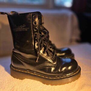 Dr. Martens 10 hole black boots UK size 4, excellent sharp thick soled, size 6.5